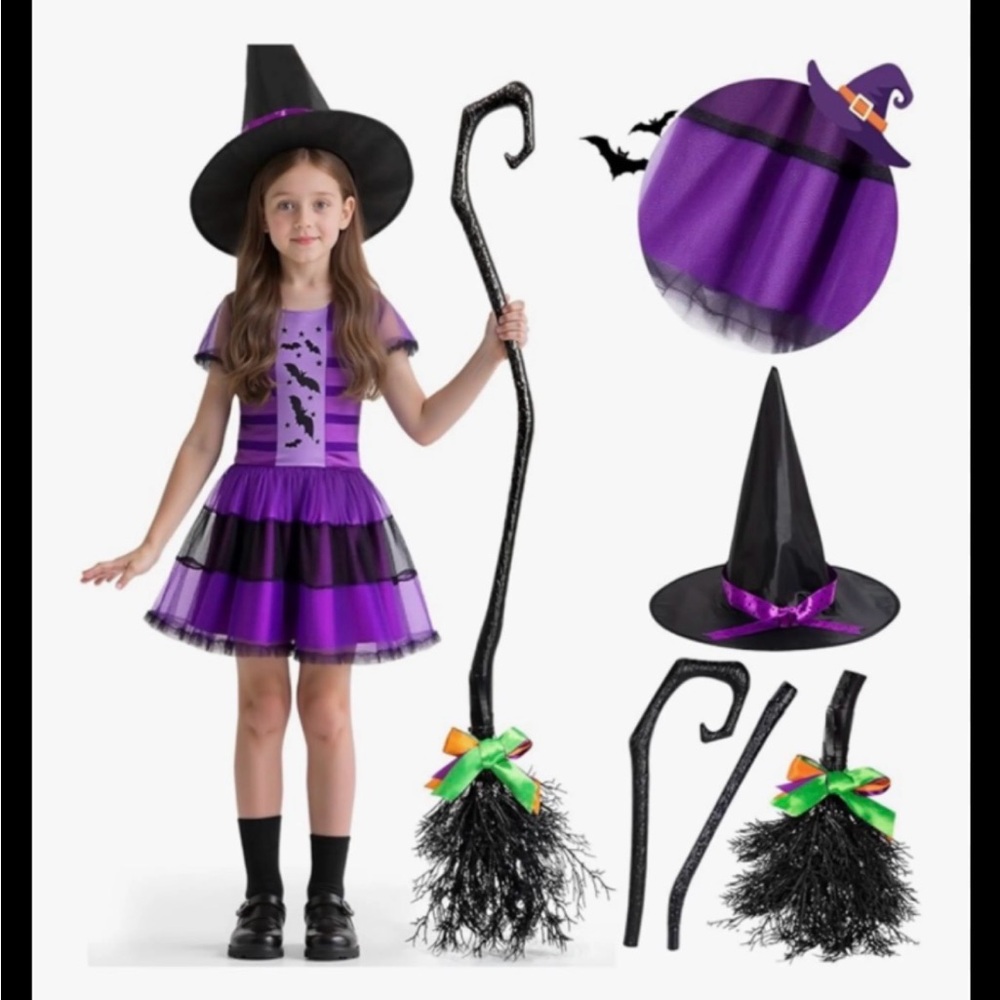 Purple and Black Witch Halloween Dress Costume Broom Kids Large New Never worn